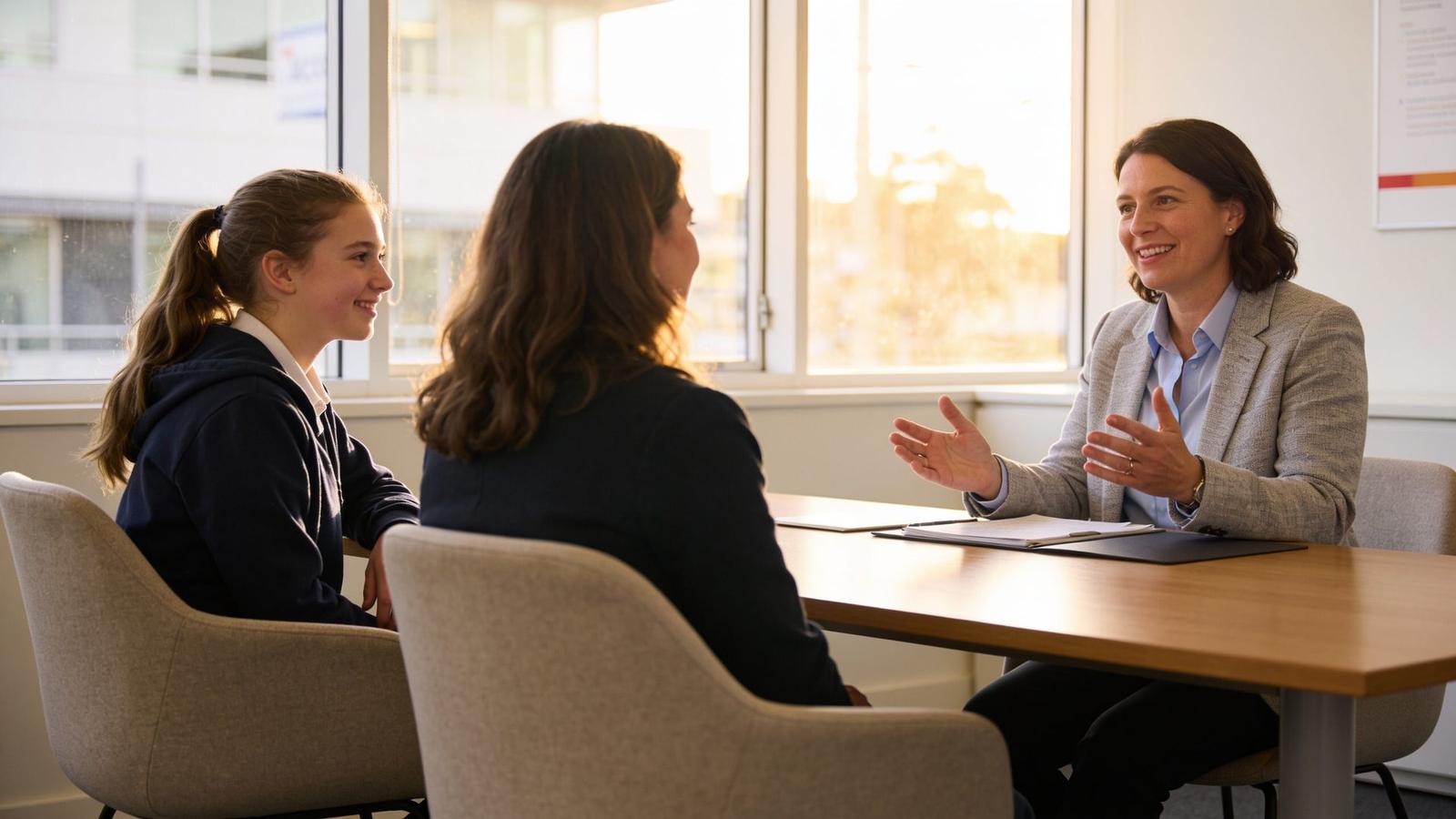 A student and parent talking with an education adviser