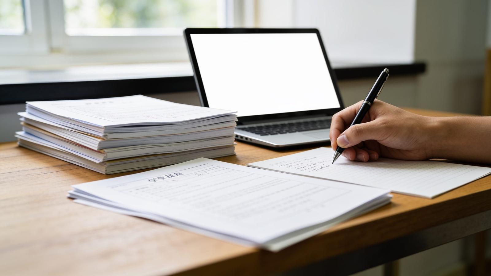 School reports and a laptop on a desk
