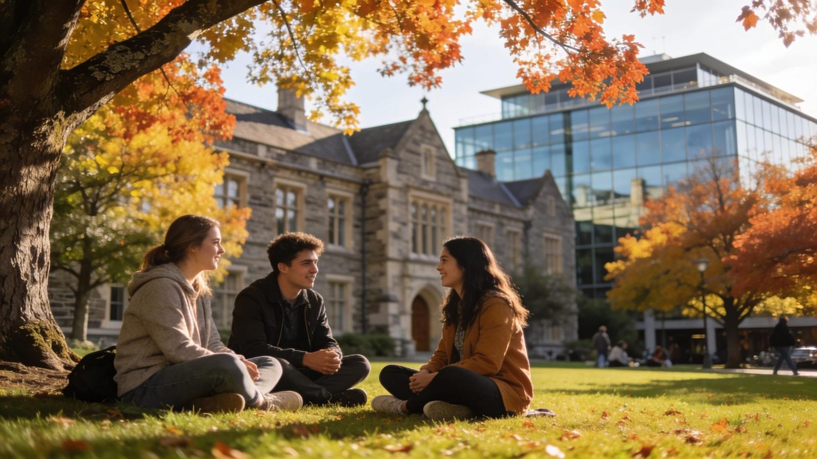 University students on the lawn of a New Zealand campus