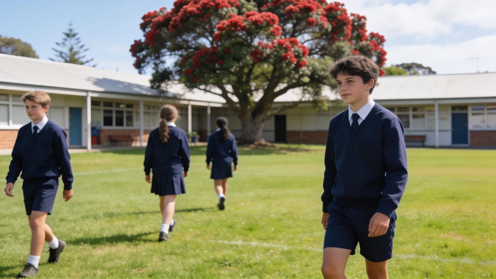Secondary school students crossing a school field in New Zealand