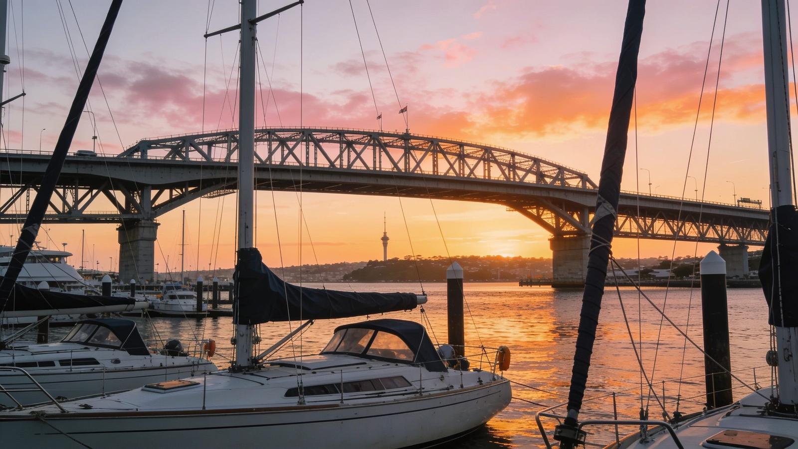 The Auckland Harbour Bridge at sunset